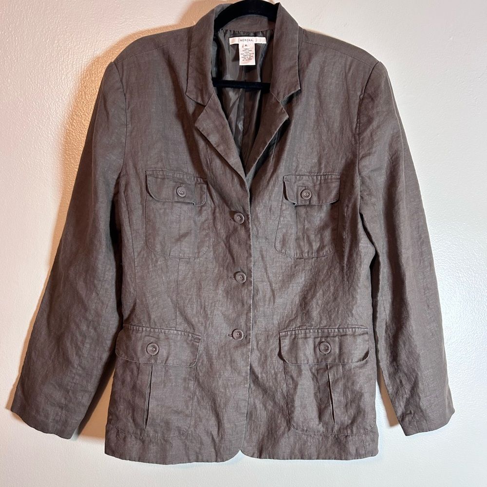 Vintage MERONA Women's Brown Blazer 100% Linen Shell 3 Button Down Size XL